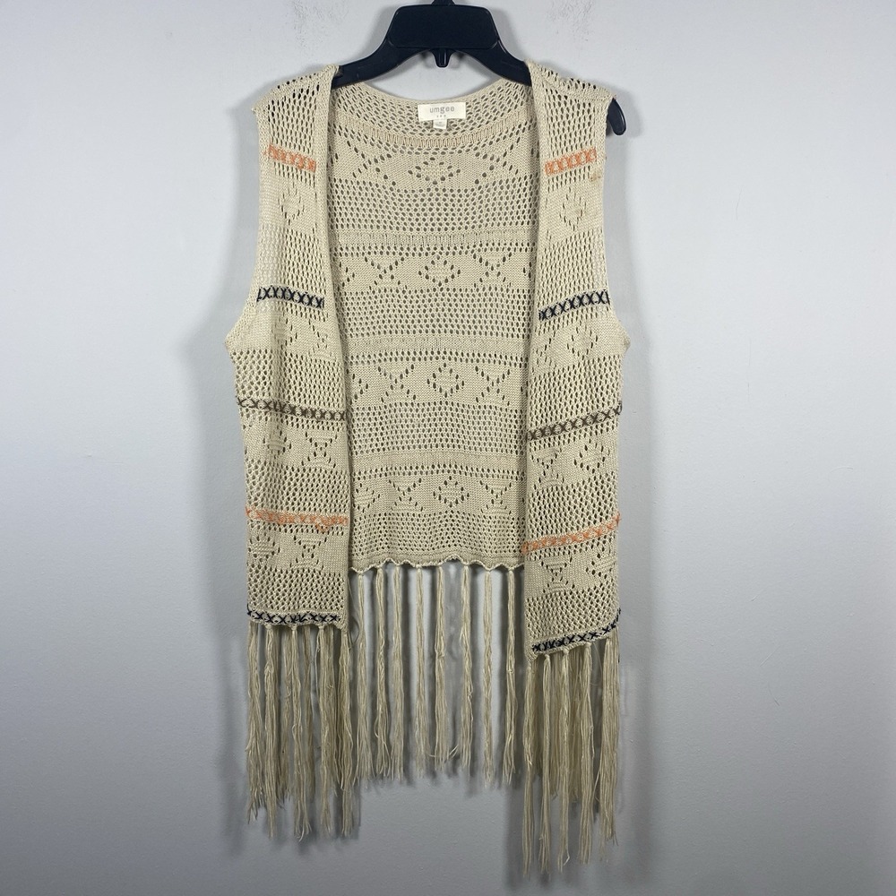 Umgee cream‎ crochet fringe Hem boho open front vest Women's M Hippie Festival